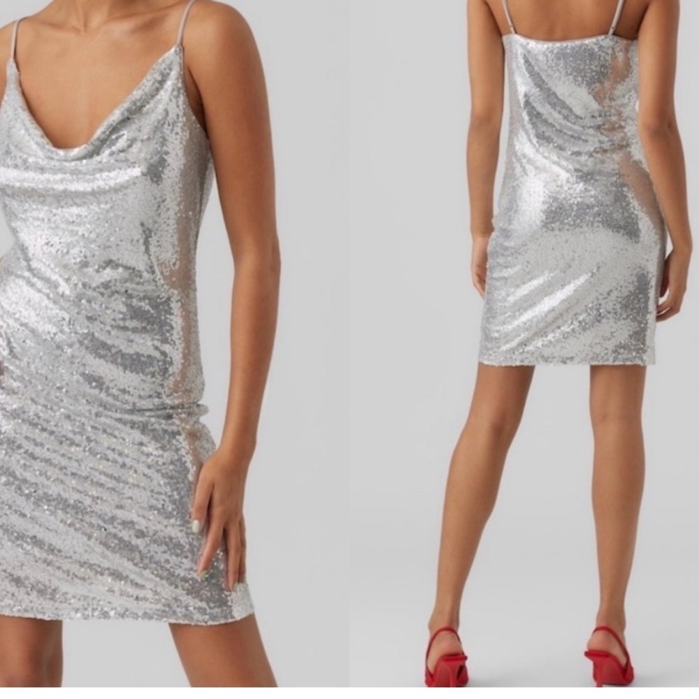 Vero Moda Kaje Silver Sequin MIni Dress Cowl Neck Size XL Cocktail Party